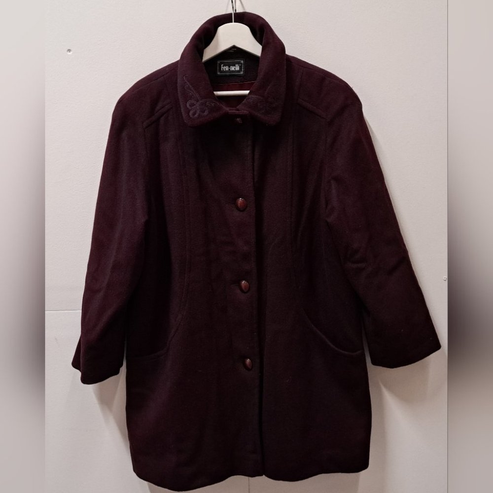 Fen-nelli Women's Winter Jacket Coat Trench Vintage Wool Nylon Plum Sz Large XL